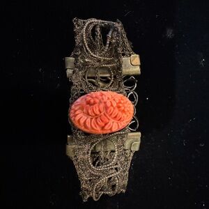 Rare Victorian Metallic Lace Bracelet with Japanese Coral Glass Floral Cabochon